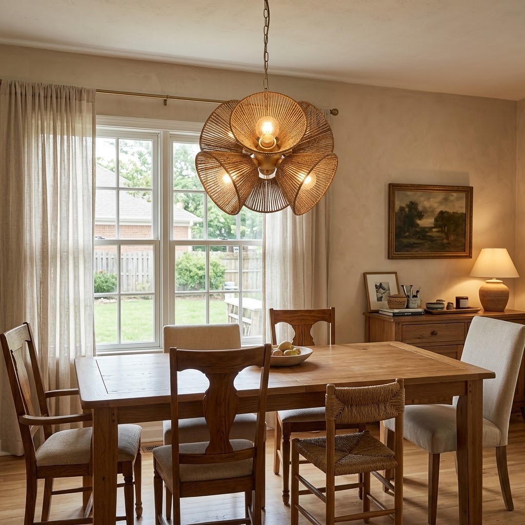Boho Woven Rattan Flower Pendant Light for Dining Room & Kitchen Island
