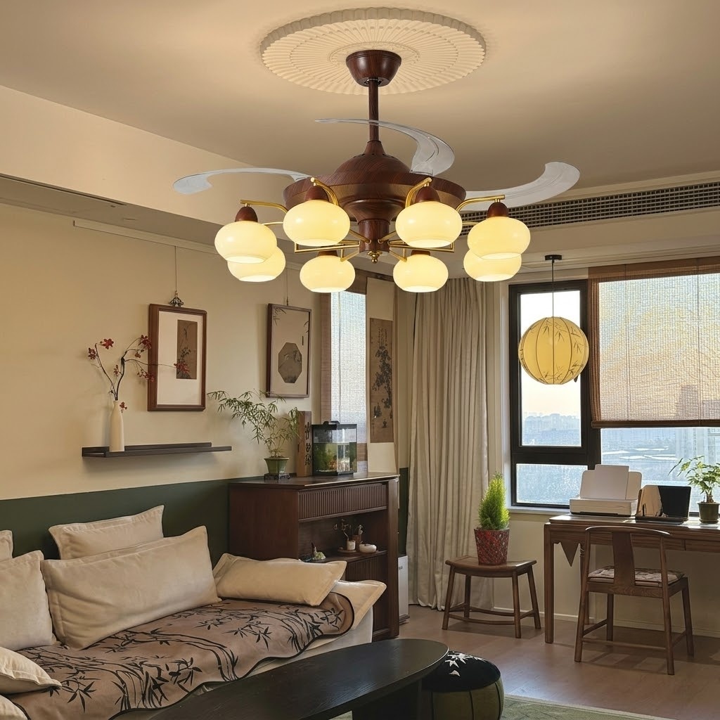 Mid-Century Walnut Retractable Ceiling Fan with Lights for Living Room