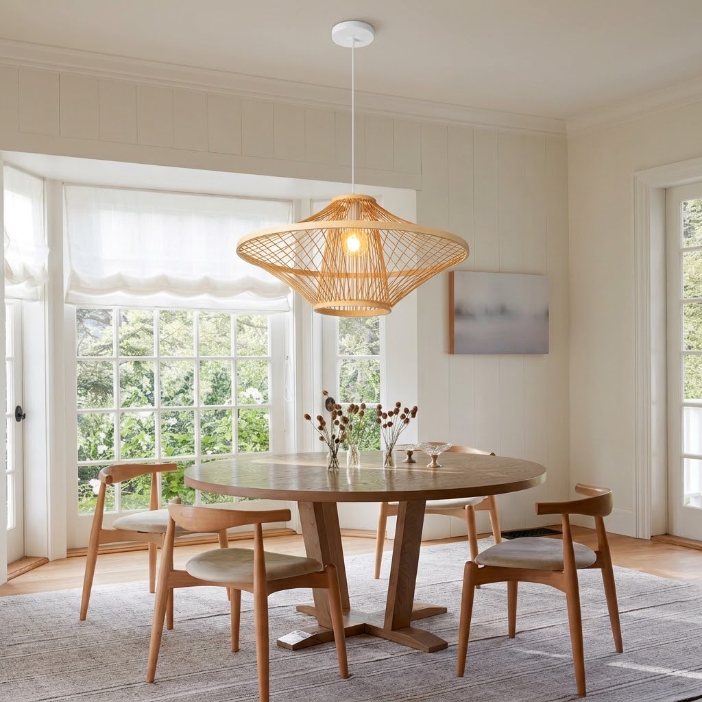 Handwoven Natural Rattan Cage Pendant Light, Coastal Modern Style, 23.6" Wide