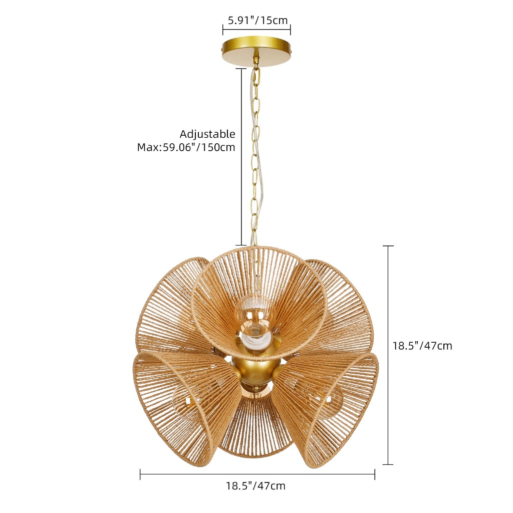 Boho Woven Rattan Flower Pendant Light for Dining Room & Kitchen Island