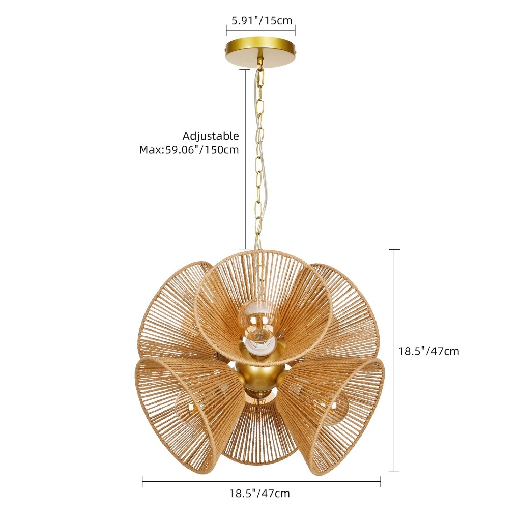 Boho Woven Rattan Flower Pendant Light for Dining Room & Kitchen Island