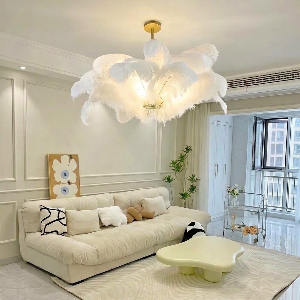 Elegant White Ostrich Feather Chandelier for Bedroom & Living Room