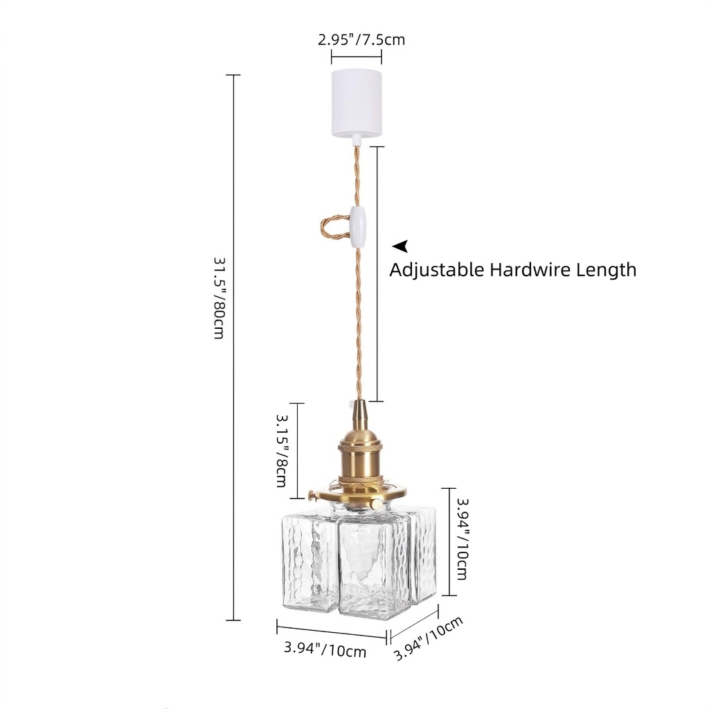 Modern Handblown Glass Pendant Light - Vintage Brass Square Hanging Lamp