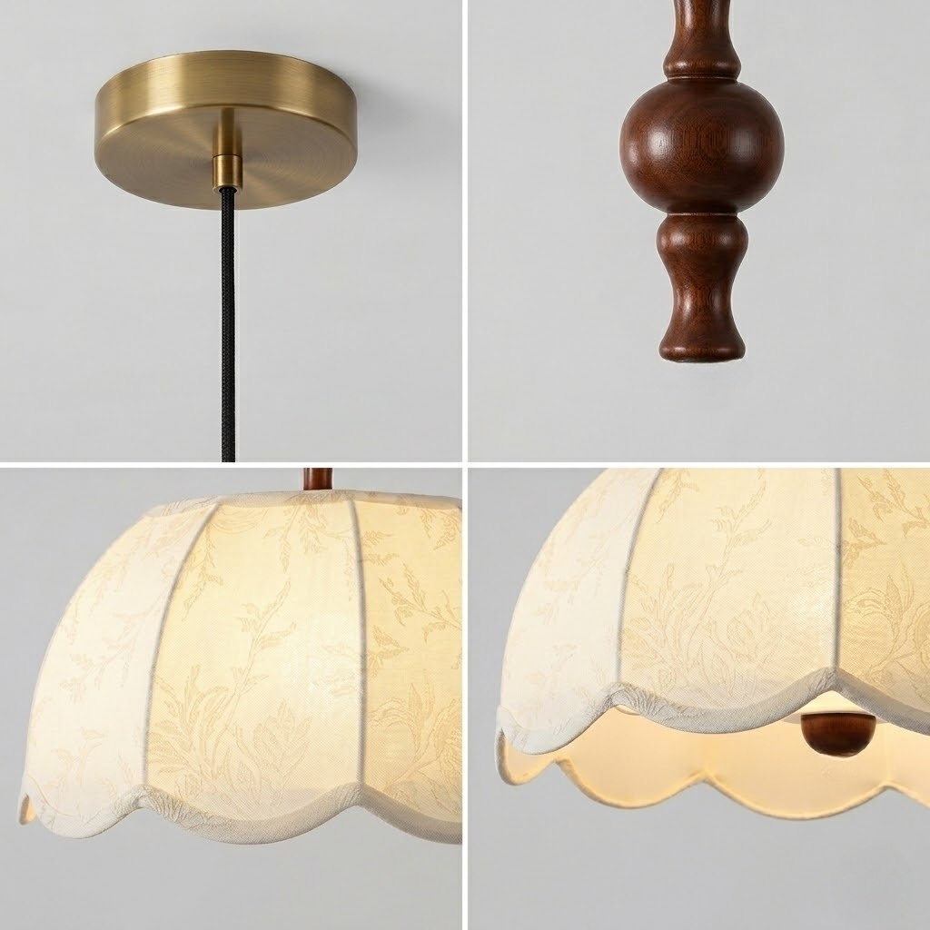 Vintage Walnut Fabric Pendant Light for Dining Room