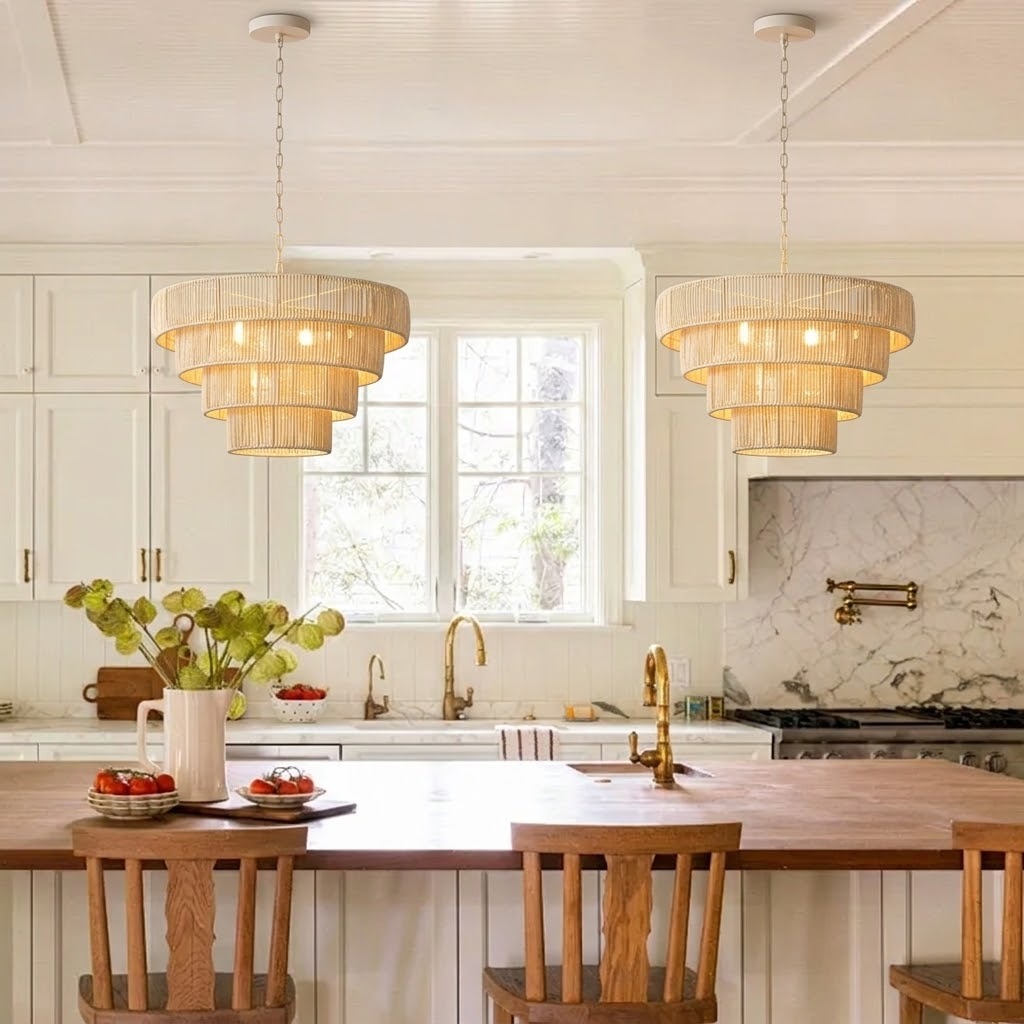 Natural Woven Rattan Tiered Pendant Light for Dining Room