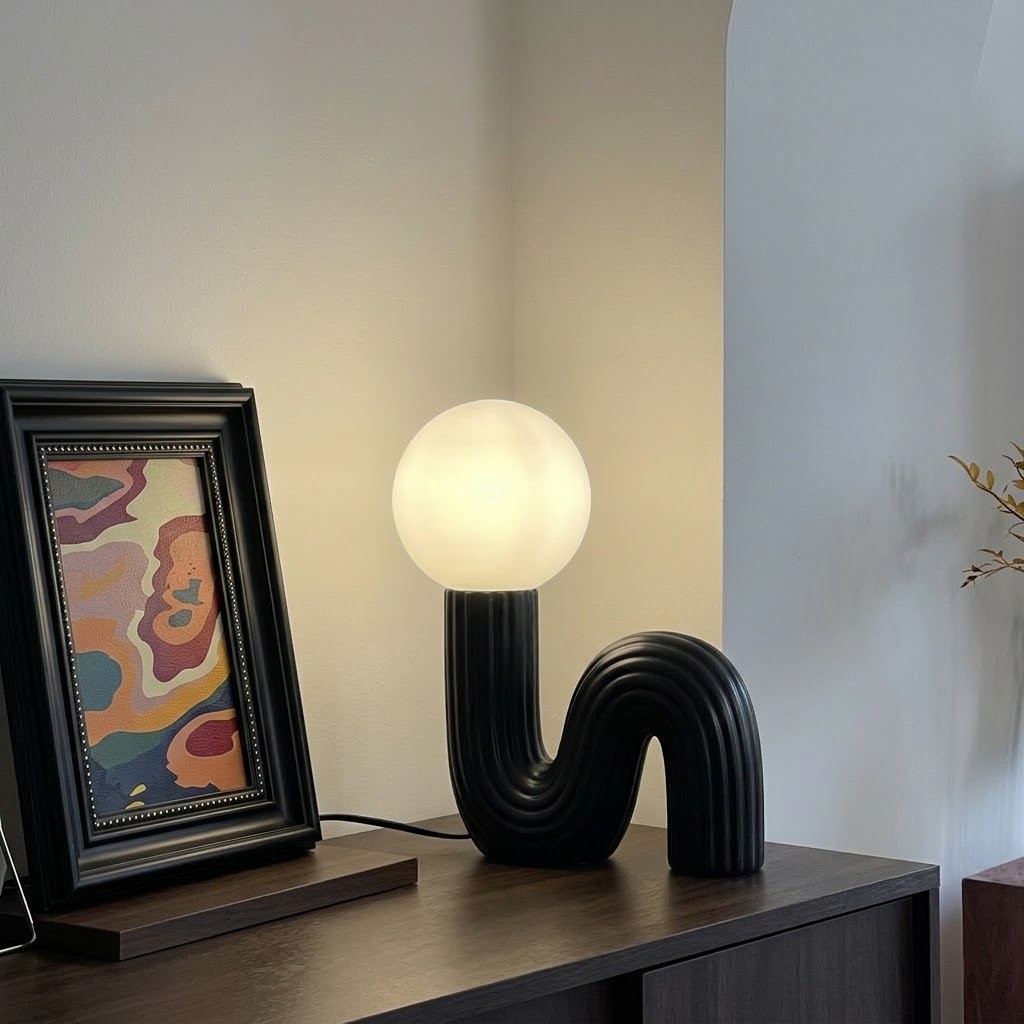 Sculptural Wave Resin Table Lamp with Glass Globe Shade