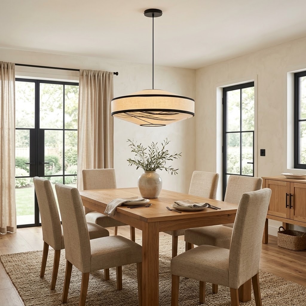 Japandi Fabric Drum Pendant Light Modern Linen Chandelier