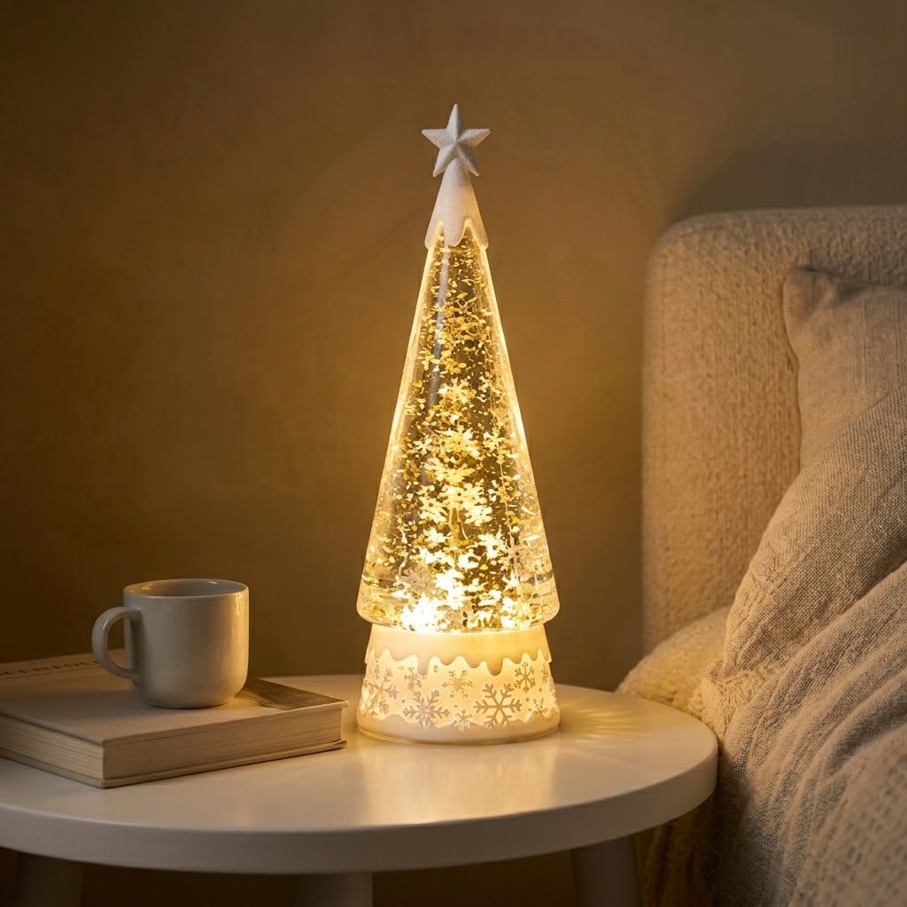 Crystal Christmas Tree Lamp with Rotating Design, Snowflake Effect & Star Topper