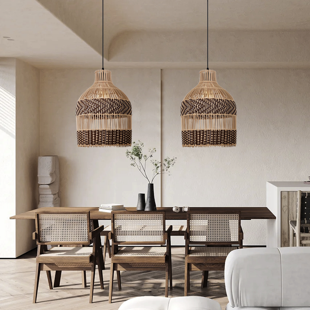 Boho Stripes Hand-woven Lampshade Elegant Rattan Pendant Light-labpiecesign