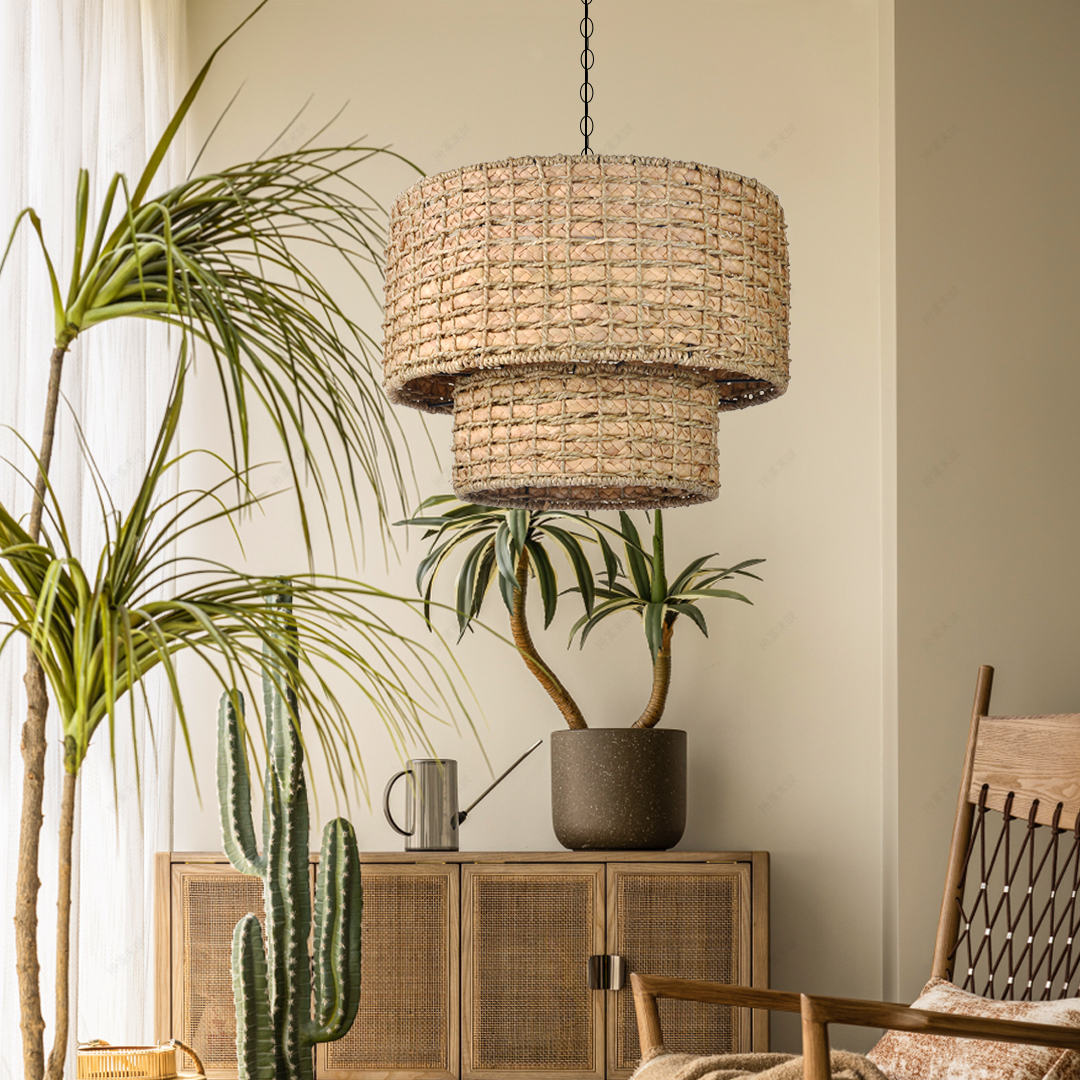 Natural Rattan Shade Traditional Drum Hanging Pendant Light