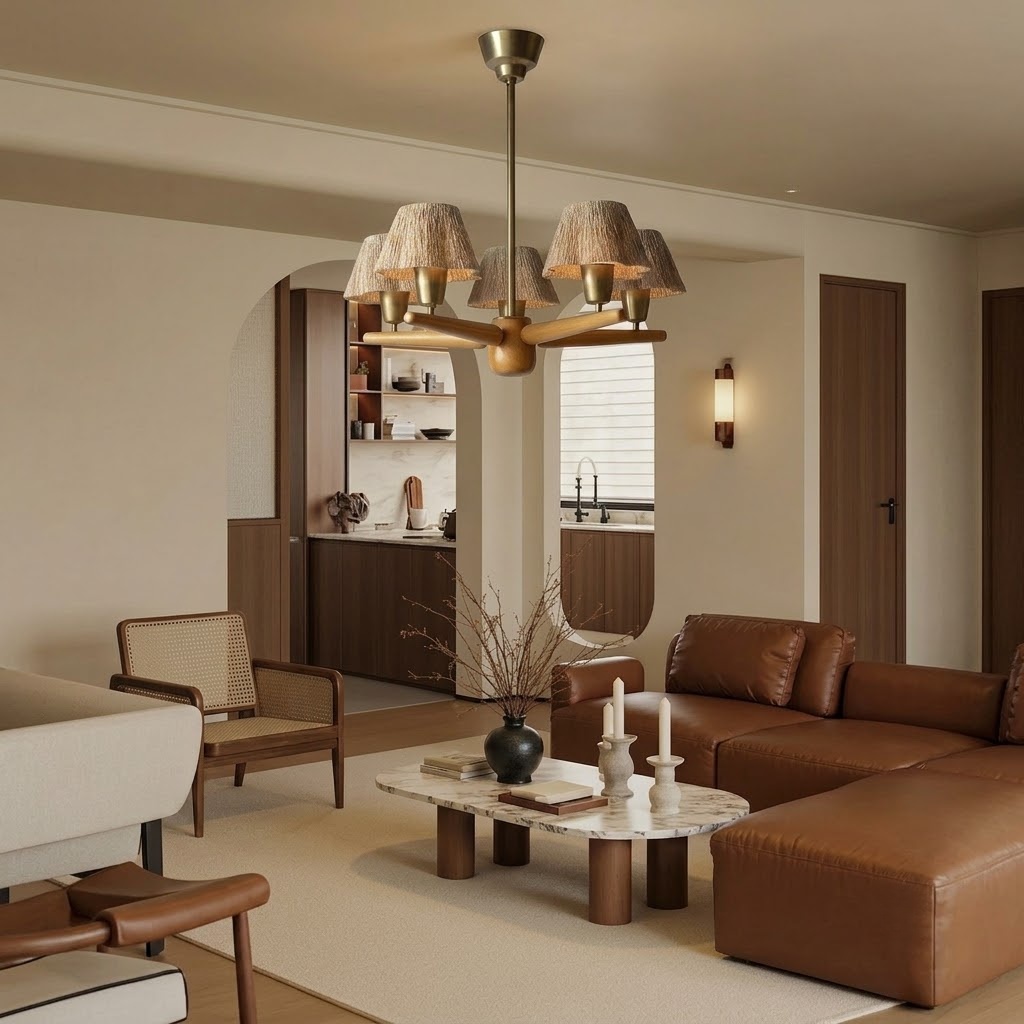 Mid-Century Solid Wood Fabric Chandelier for Dining Room & Bedroom