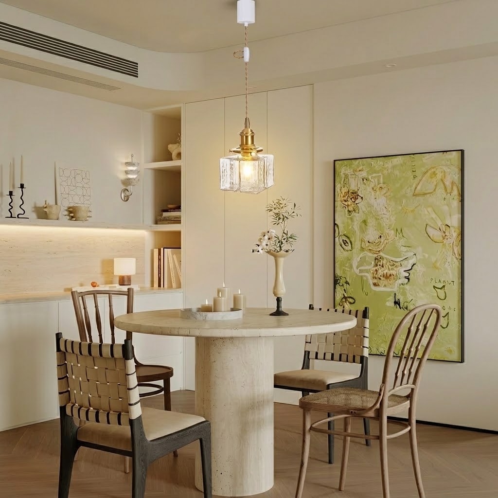 Modern Handblown Glass Pendant Light - Vintage Brass Square Hanging Lamp
