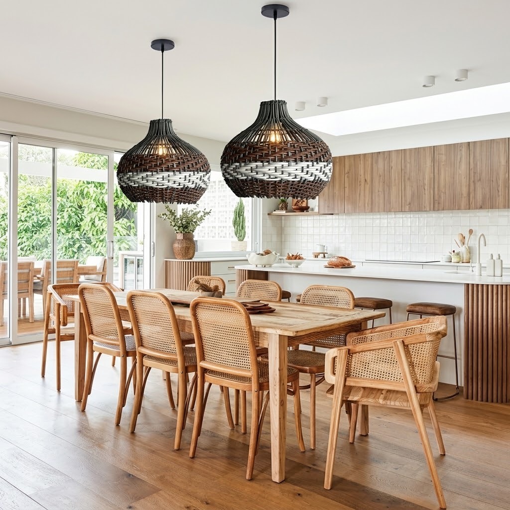 Black Rattan Pendant Light – Boho Dome Kitchen Island Lighting with Brown & White Weave