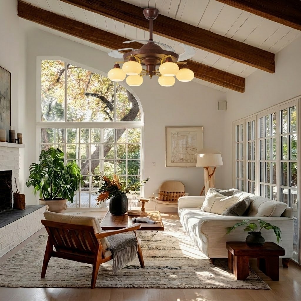 Mid-Century Walnut Retractable Ceiling Fan with Lights for Living Room