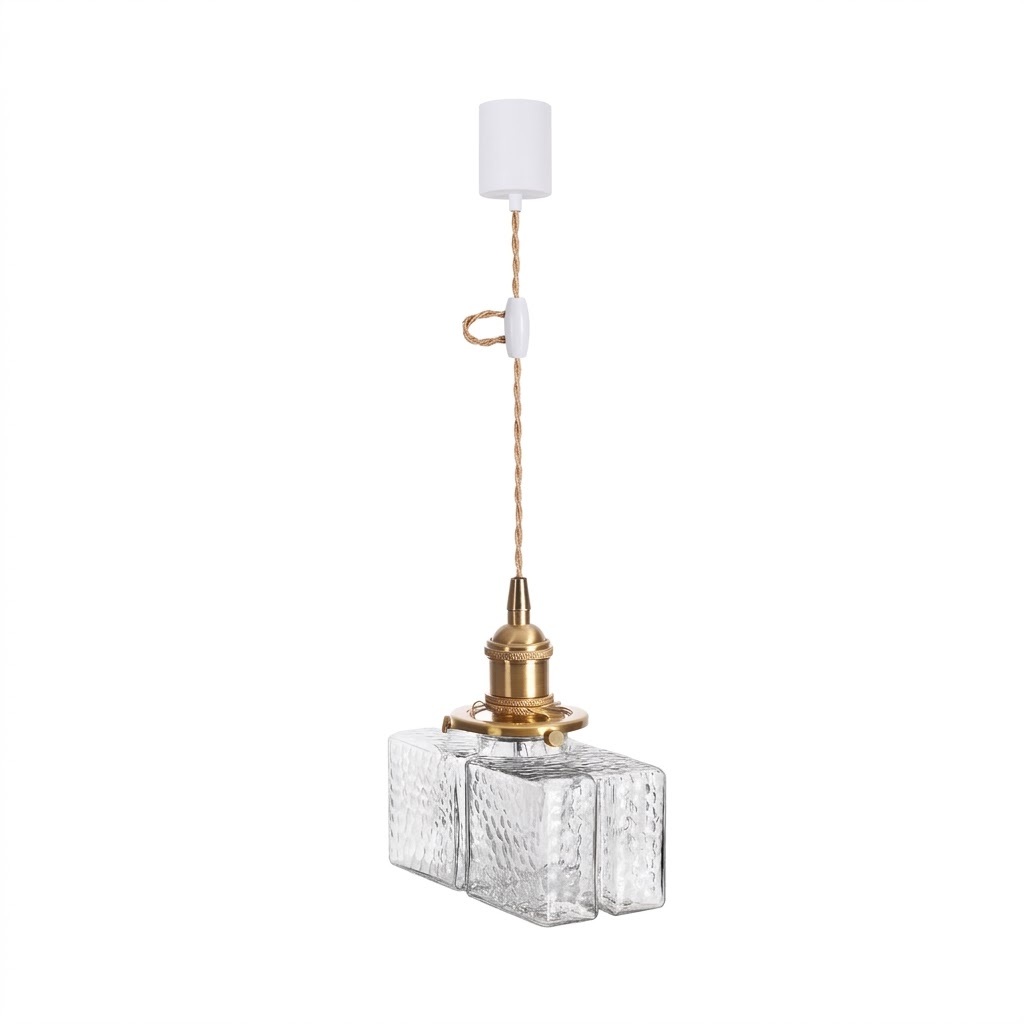 Modern Handblown Glass Pendant Light - Vintage Brass Square Hanging Lamp
