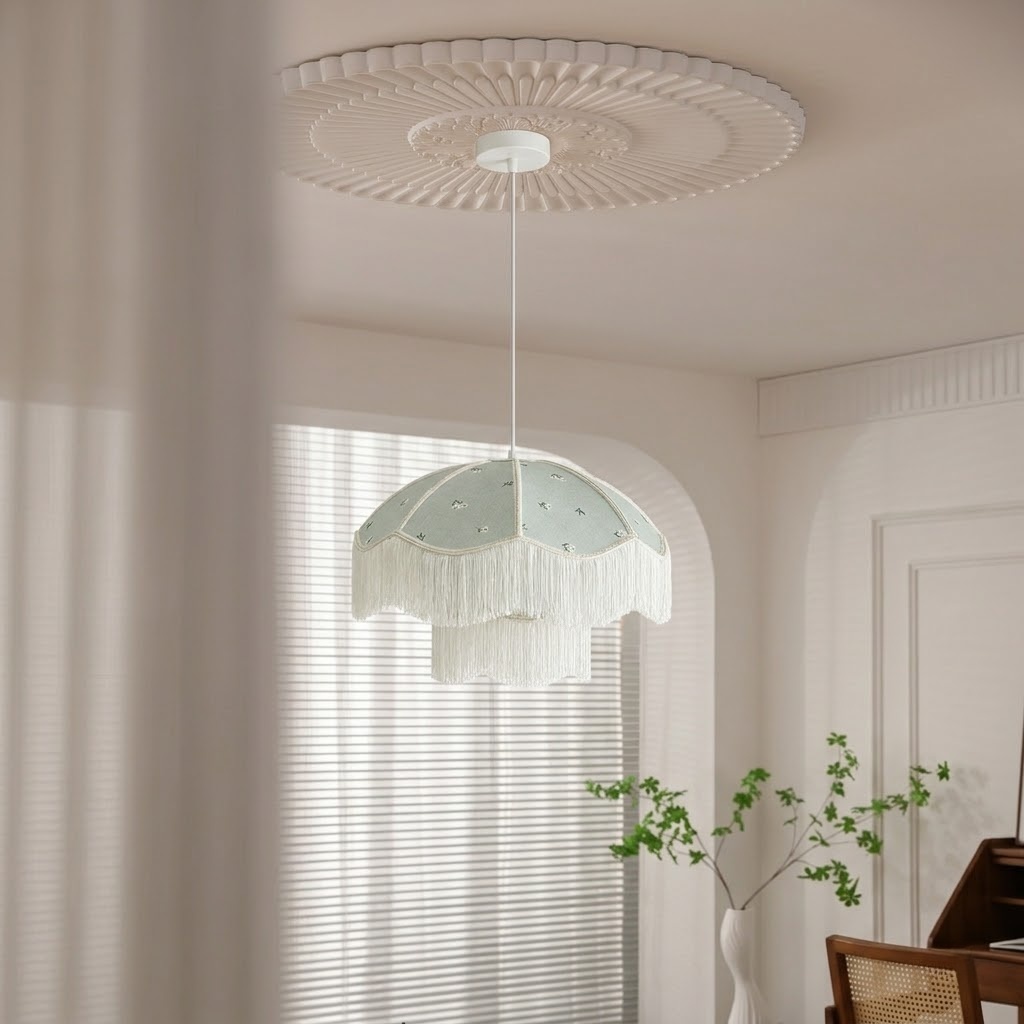 Vintage Floral Fabric Pendant Light with Layered Fringe