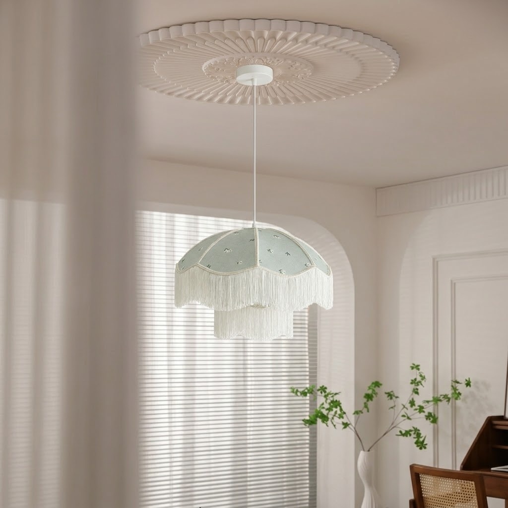 Vintage Floral Fabric Pendant Light with Layered Fringe