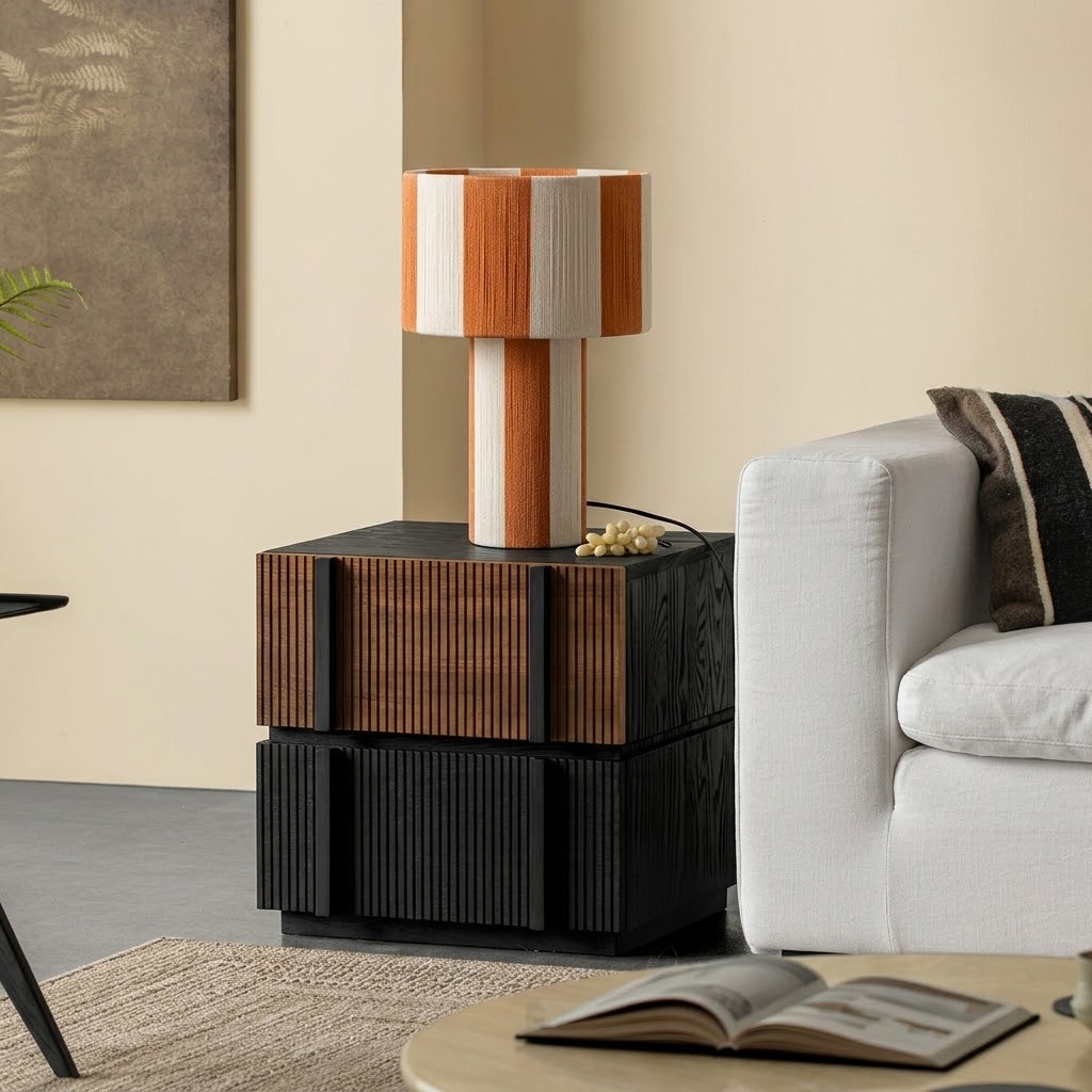 Modern Striped Cotton Cord Table Lamp for Bedroom & Living Room
