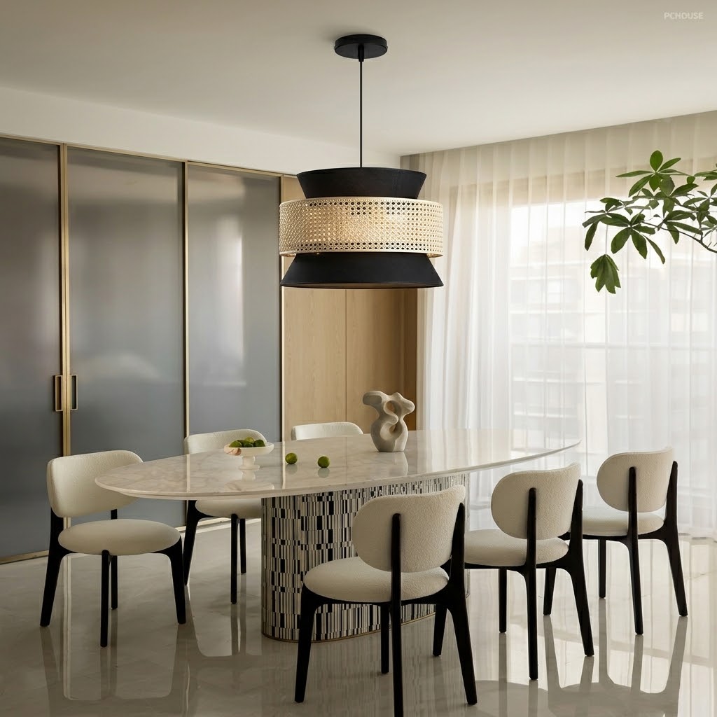 Modern Boho Black Fabric and Rattan Tiered Pendant Light for Dining Room