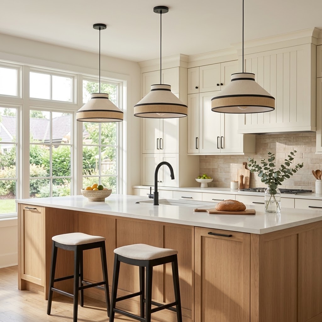 Modern Organic Linen Pendant Light with Black Trim | Fabric Hanging Shade Light