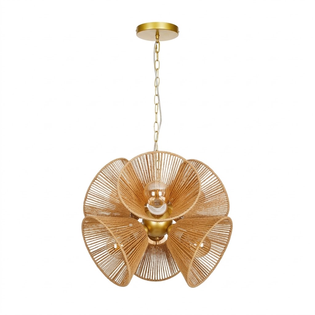 Boho Woven Rattan Flower Pendant Light for Dining Room & Kitchen Island