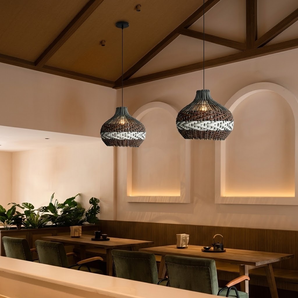 Black Rattan Pendant Light – Boho Dome Kitchen Island Lighting with Brown & White Weave