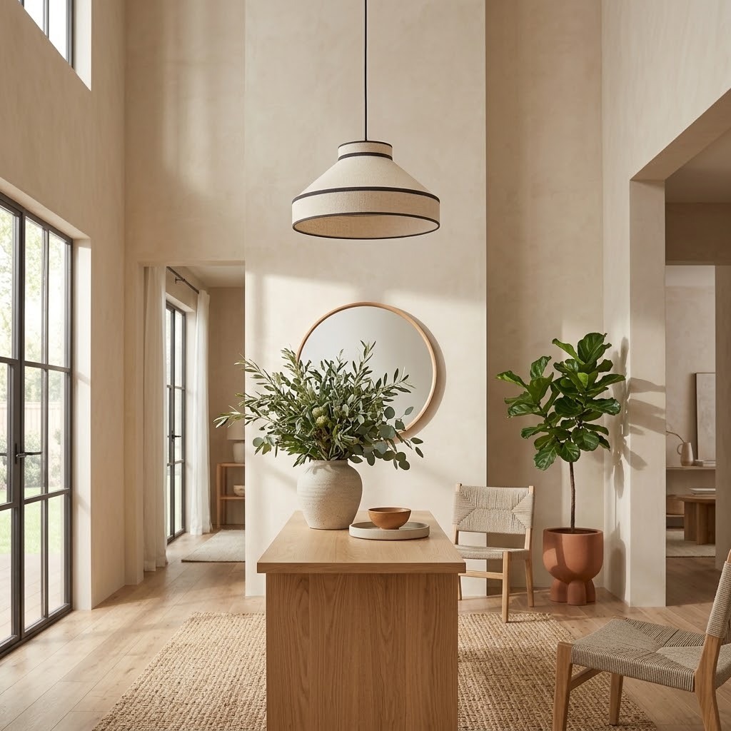 Modern Organic Linen Pendant Light with Black Trim | Fabric Hanging Shade Light