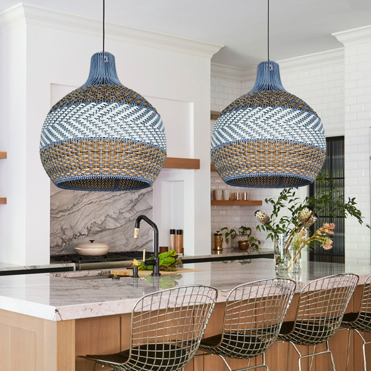 Blue, white and brown striped rattan pendant light