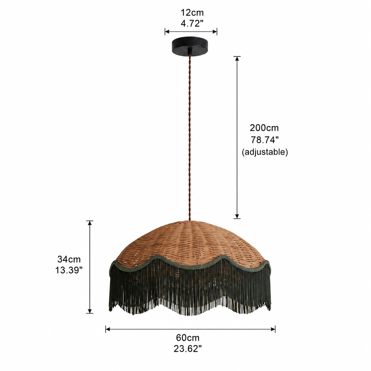 Handwoven Rattan and Fringe Pendant Light Vintage Bohemian Chandelier for Dining Room