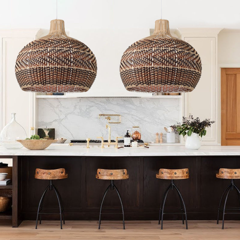 Brown Stripe Lampshade Vintage Rattan Pendant Light-labpiecesign