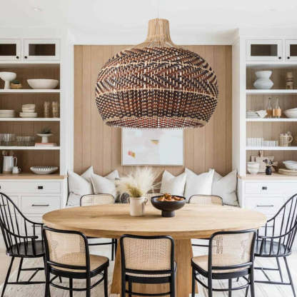 Brown Stripe Lampshade Vintage Rattan Pendant Light-labpiecesign