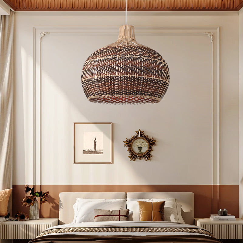 Brown Stripe Lampshade Vintage Rattan Pendant Light-labpiecesign