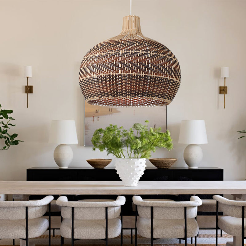 Brown Stripe Lampshade Vintage Rattan Pendant Light-labpiecesign