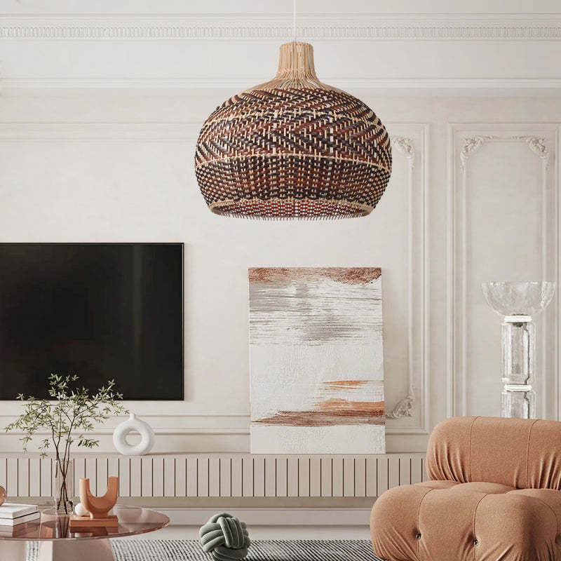 Brown Stripe Lampshade Vintage Rattan Pendant Light-labpiecesign