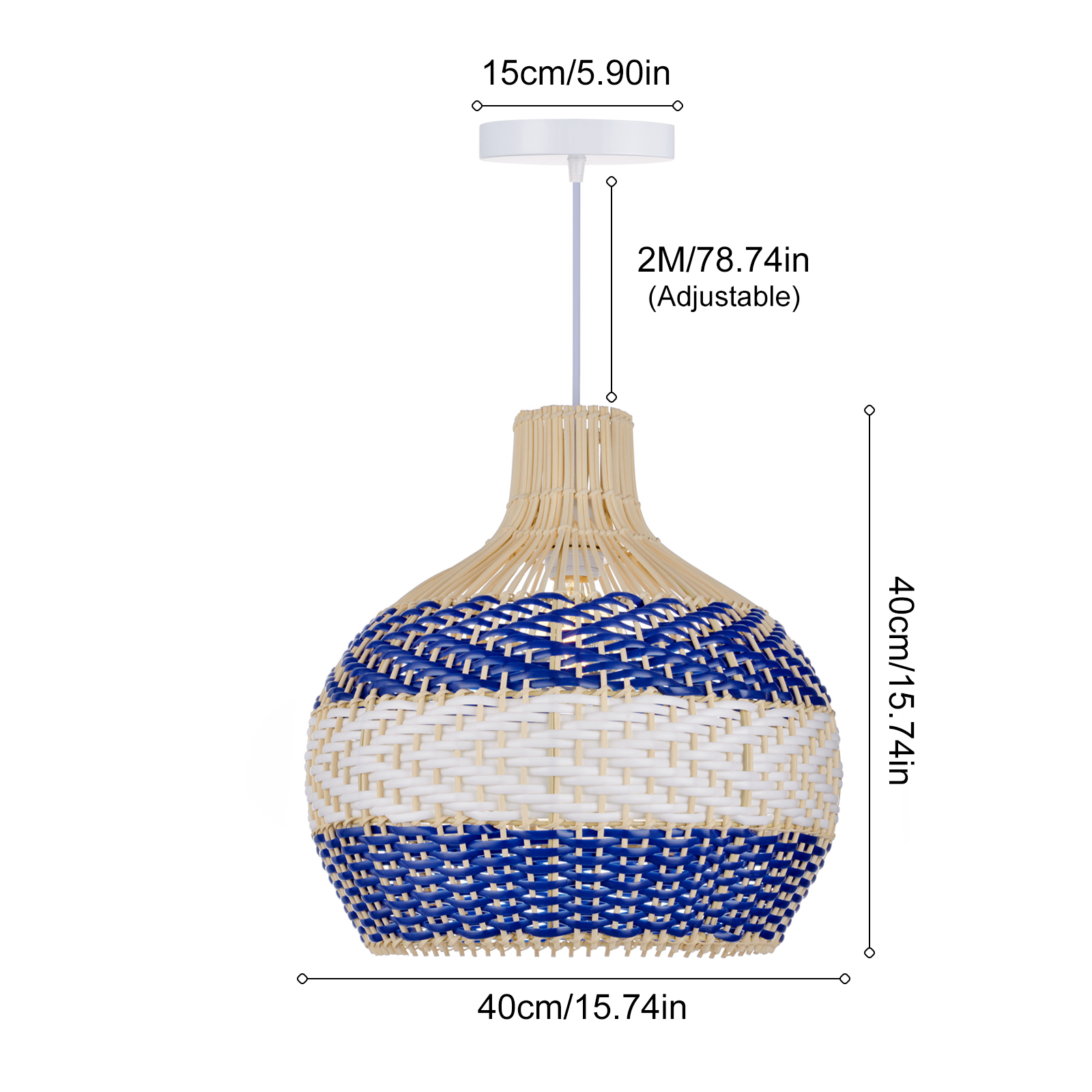 Boho Handmade Blue & White Unique Round Rattan Pendant Light for Dining Room