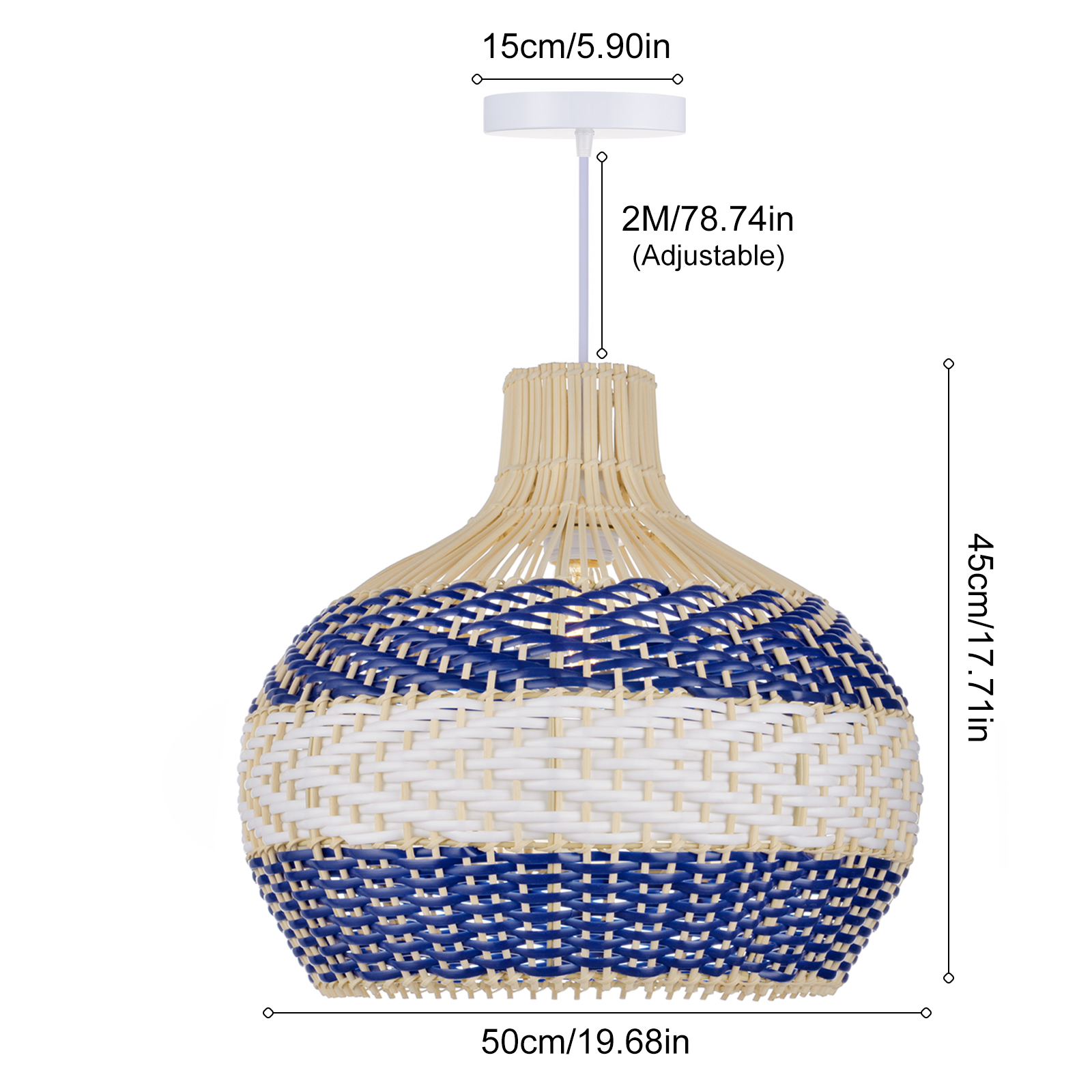 Boho Handmade Blue & White Unique Round Rattan Pendant Light for Dining Room