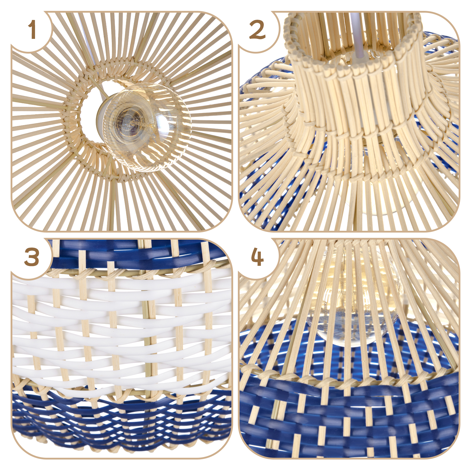 Boho Handmade Blue & White Unique Round Rattan Pendant Light for Dining Room