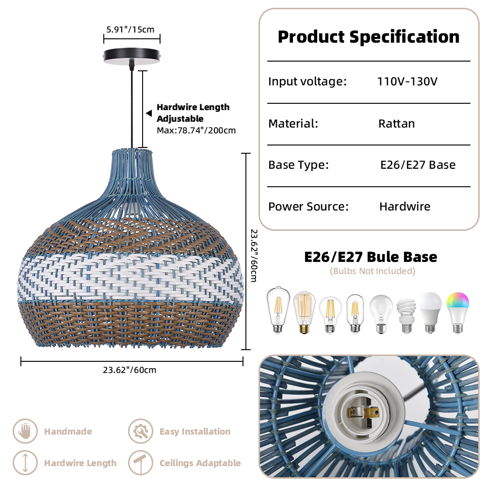 Blue rattan 3 color stripes hand-woven chandelier
