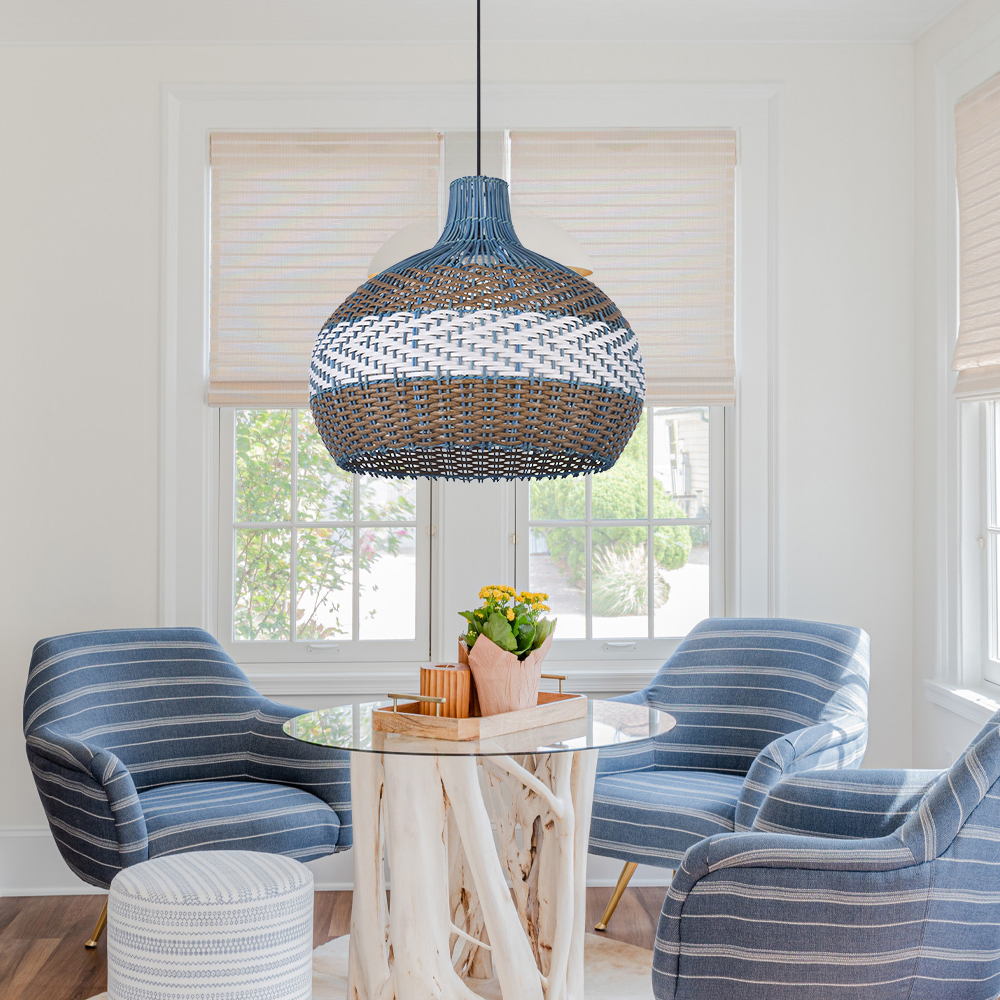 Blue rattan 3 color stripes hand-woven chandelier