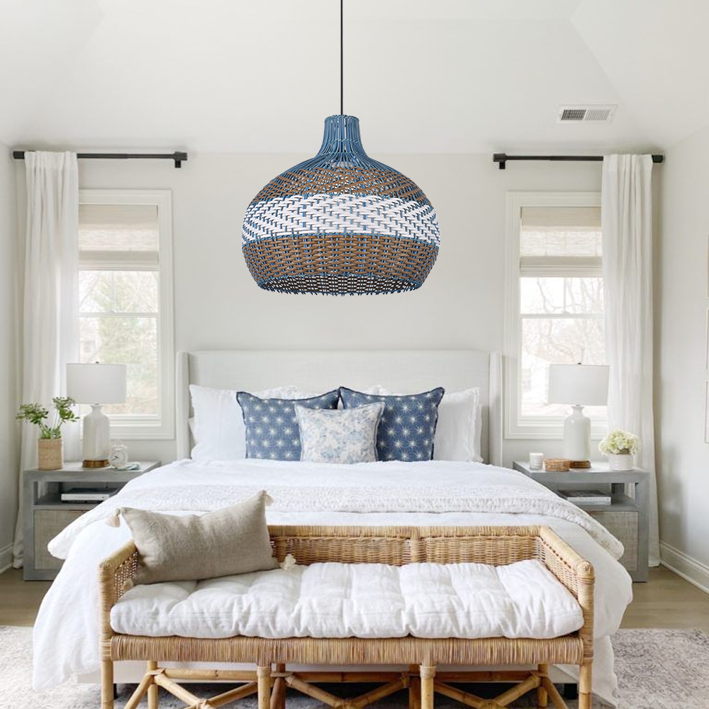 Blue rattan 3 color stripes hand-woven chandelier