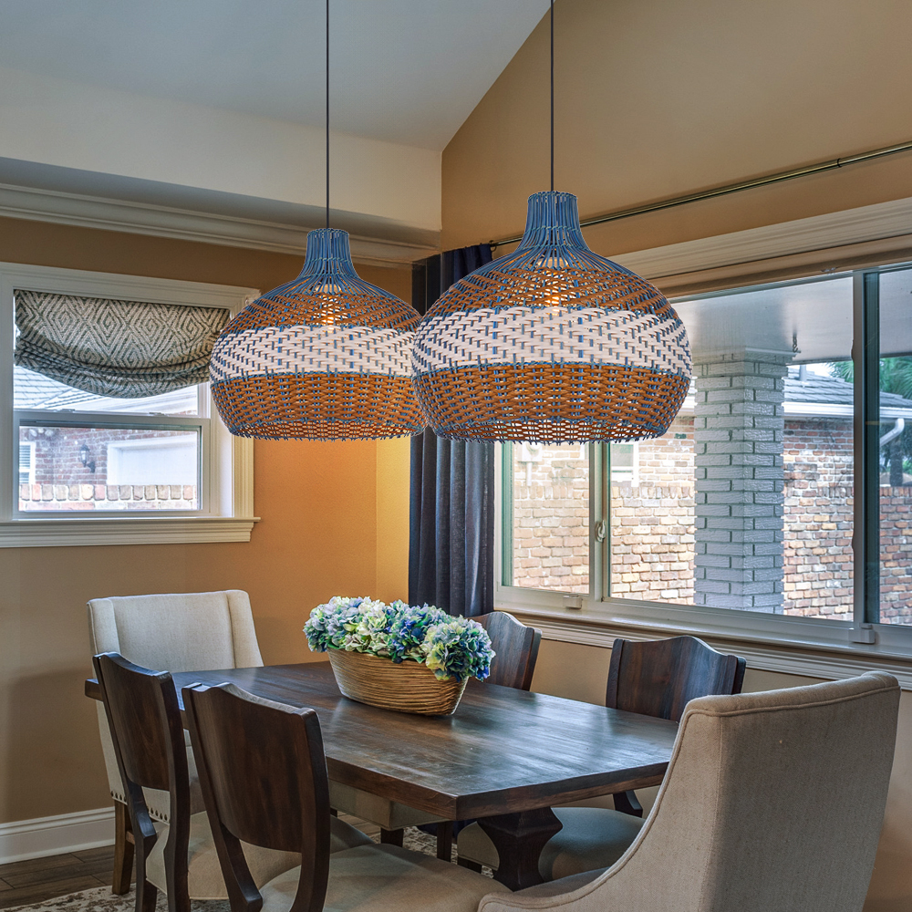 Blue rattan 3 color stripes hand-woven chandelier
