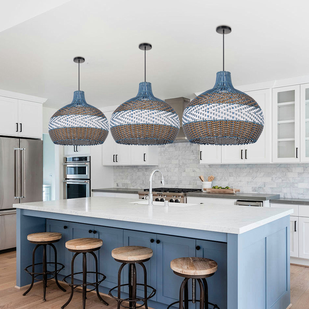 Blue rattan 3 color stripes hand-woven chandelier