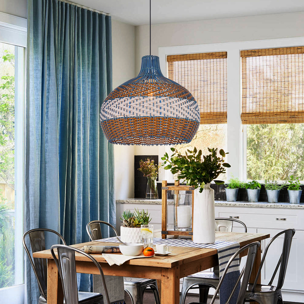 Blue rattan 3 color stripes hand-woven chandelier