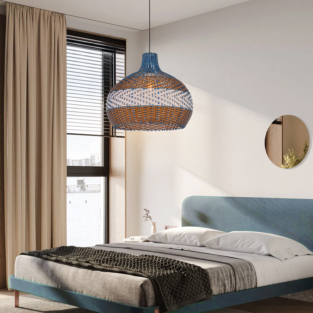 Blue rattan 3 color stripes hand-woven chandelier
