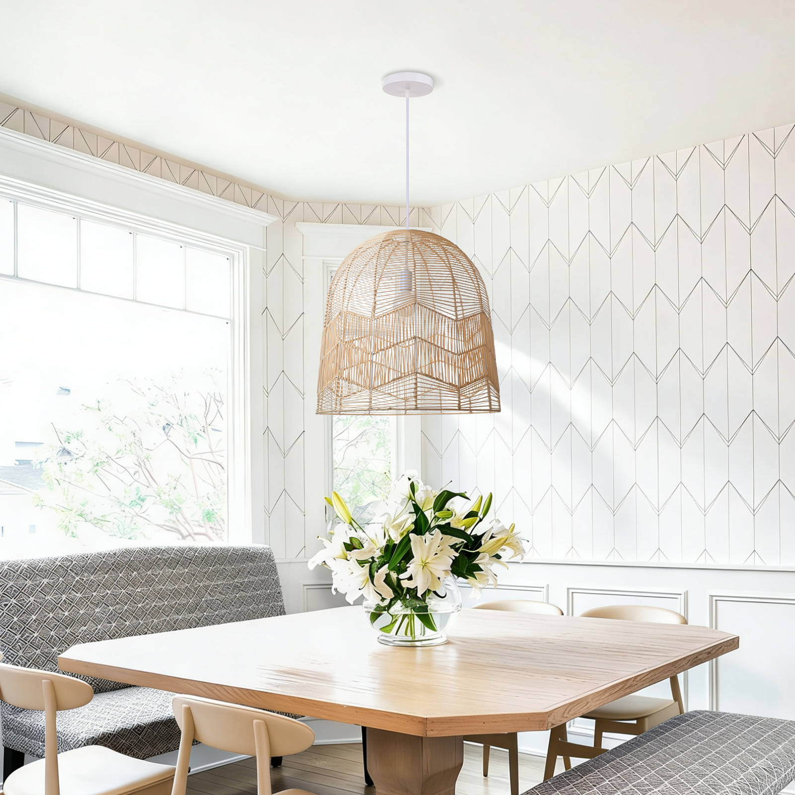 Dome Rattan Pendant Light for Farmhouse Decor