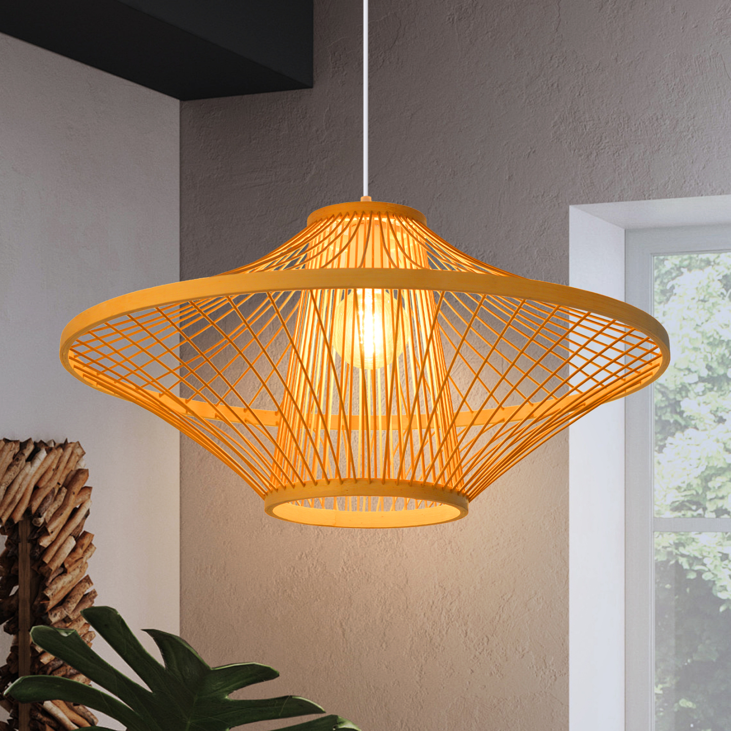 Handwoven Natural Rattan Cage Pendant Light, Coastal Modern Style, 23.6" Wide
