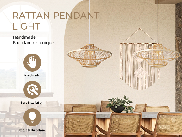 Handwoven Natural Rattan Cage Pendant Light, Coastal Modern Style, 23.6" Wide