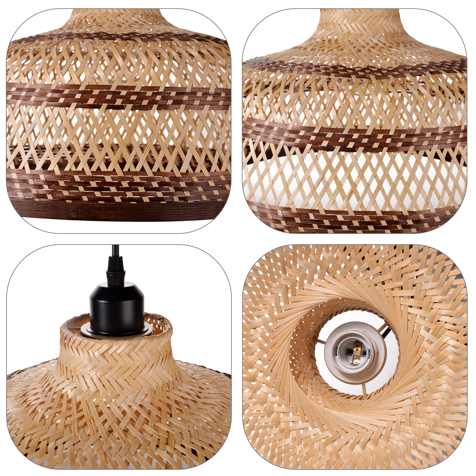 Basket shaped brown striped bamboo pendant light