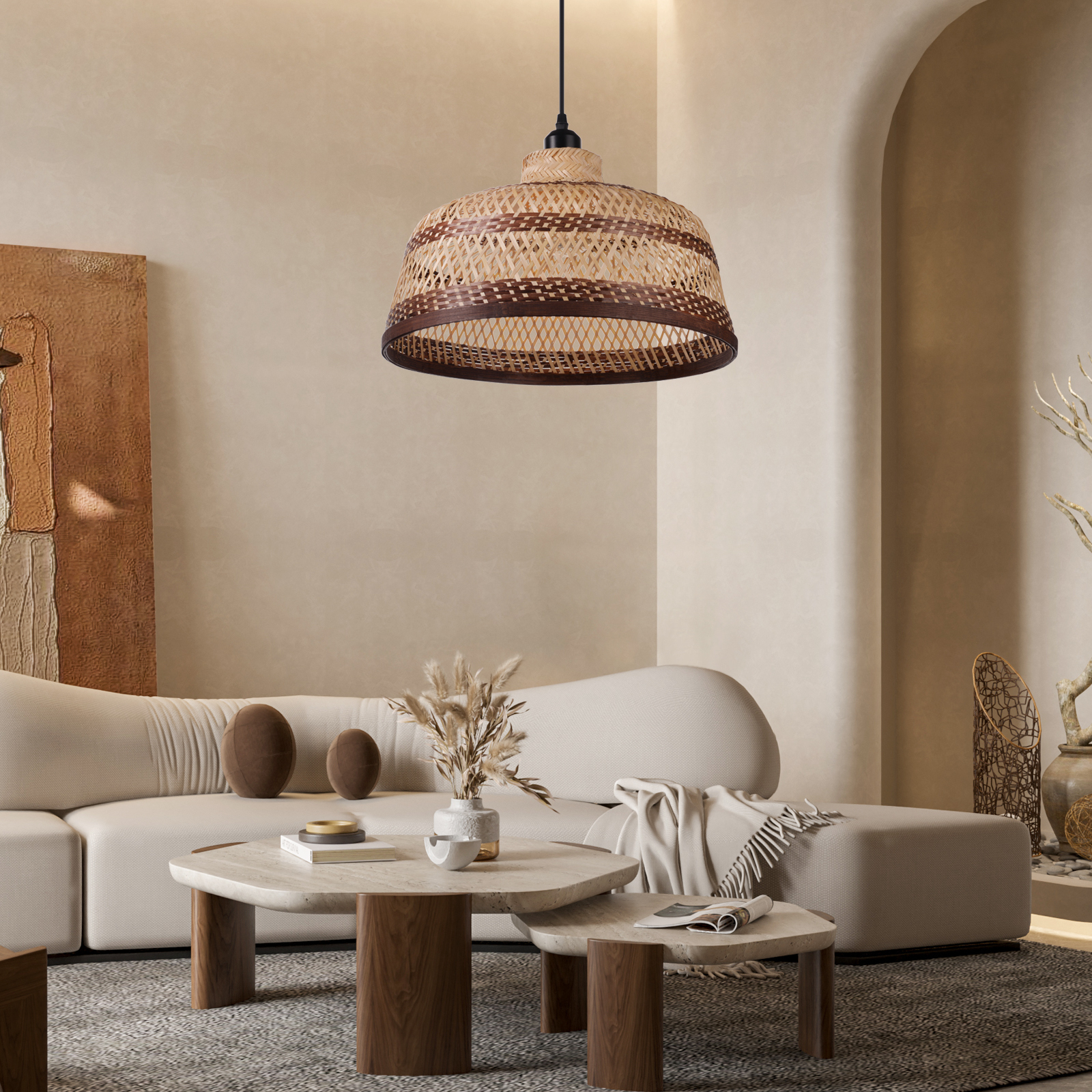 Basket shaped brown striped bamboo pendant light-labpiecesign