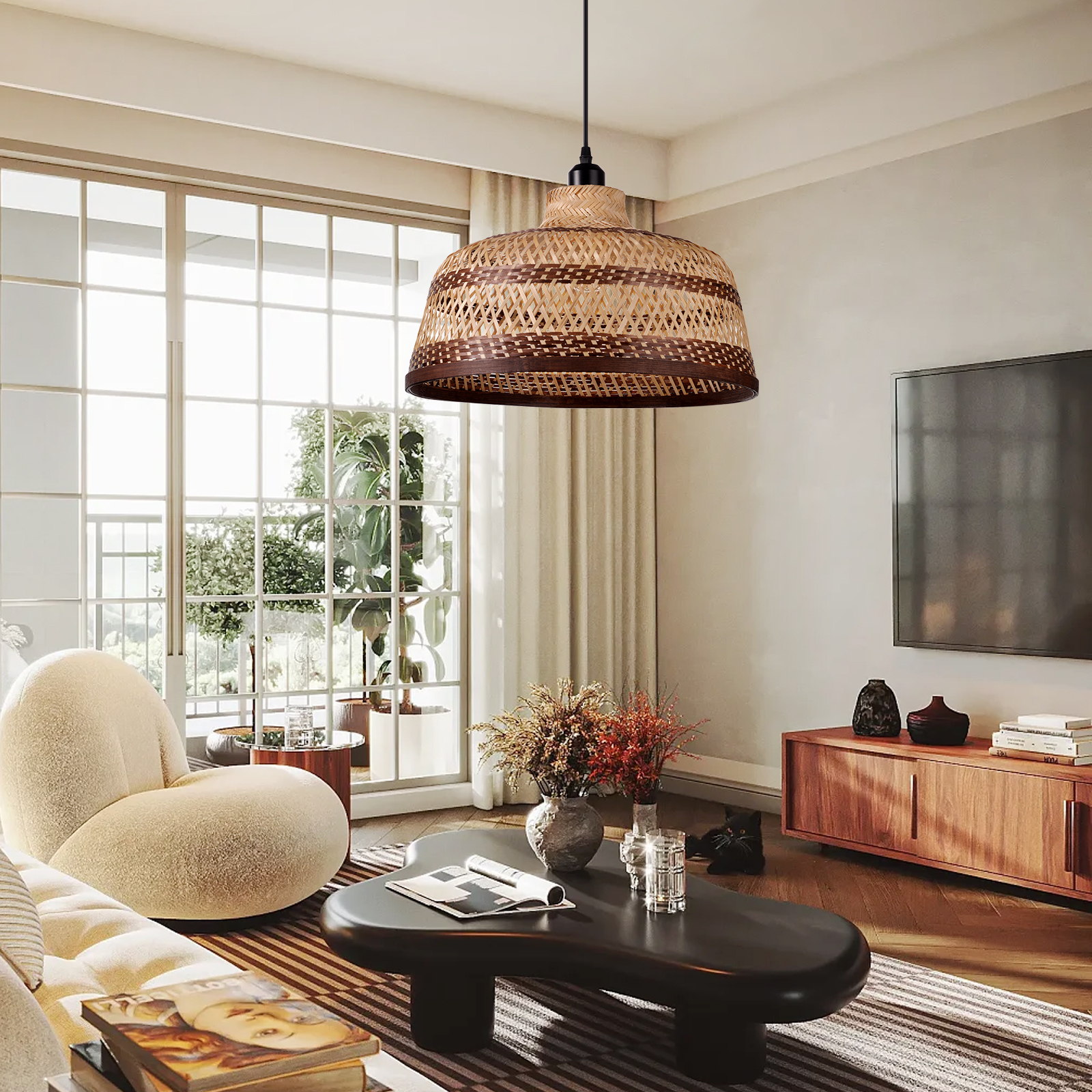 Basket shaped brown striped bamboo pendant light-labpiecesign